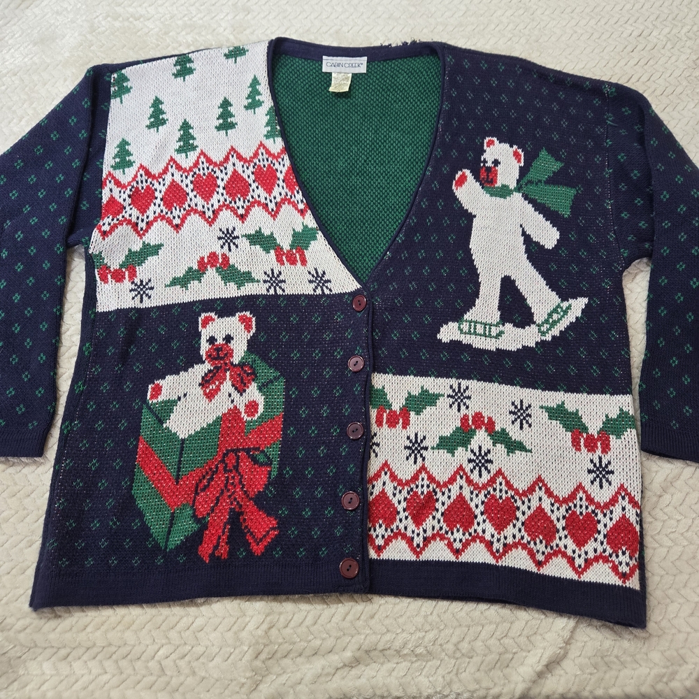 Cabin Creek Vintage Holiday Christmas Bear Cardigan Button Down Sweater Size 2X